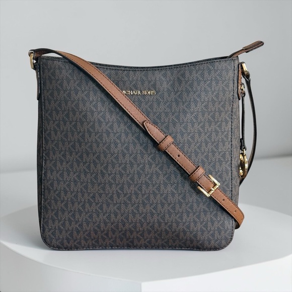 Michael Kors Handbags - Michael Kors Brown MK Logo Crossbody Bag with Tan Leather Strap